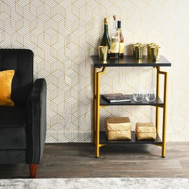 Household Essentials Crown Narrow 3 Shelf Open Storage Bookshelf Black Oak Wood Grain and Gold Metal