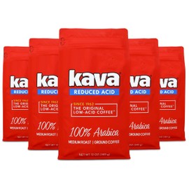 Kava Low Acid Neutralized Ground Coffee – Medium Roast Arabica, Smooth Flavor, 12 Ounce Bag (Pack of 6)