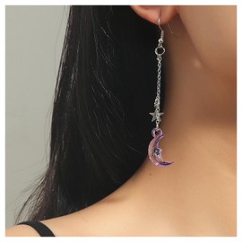 Inilbran Boho Crescent Moon Drop Earrings Silver Star Tassel Chain Earrings Vintage Acrylic Moon Dangle Earrings Long Tassel Chain Hook Earrings Jewellery for Women and Girls