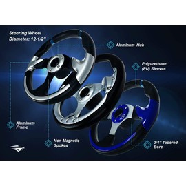 Pactrade Marine Boat Pontoon Non-Magnetic Steering Wheel Aluminum Frame Polyurethane (PU) Sleeves 3 Spokes 13" Diameter Aluminum Hub with 3/4" Tapered Bore Black