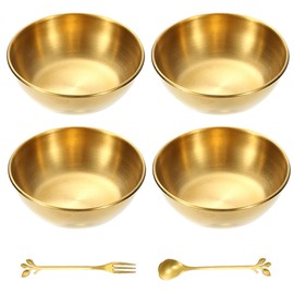 GIONAR 4 Pcs Stainless Steel Dipping Bowls Set, Gold Sauce Tapas Plates with Spoon and Fork, Small Round Seasoning Dish Appetizer Serving Dish for Kitchen Home Restaurant