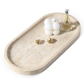 Koville Natural Marble Tray for Bathroom Counter, 10" x 5" Travertine Marble Storage Trays for Perfume, Cosmetics, Jewelry, Vanity Tray Stone Trays for Home, Decorative Tray for Dresser Organizer