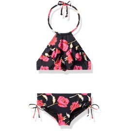 Billabong Girls' Floral Dawn Hi Neck Two Piece Bikini Set, Black, 8