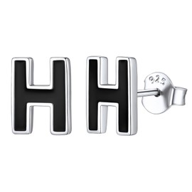 ChicSilver 925 Black Letter A to Z Stud Earrings Women Men Epoxy Stud Earrings with Gift Box for Christmas Valentine's Day Birthday, Sterling Silver