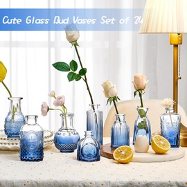 KOIUEYW Bud Vases Set of 24, Gradient Blue Vintage Small Vases for Flowers, Clear Crystal Mini Glasses in Bulk, Small Flower Design for Centerpieces Wedding Home Flower Party Decor