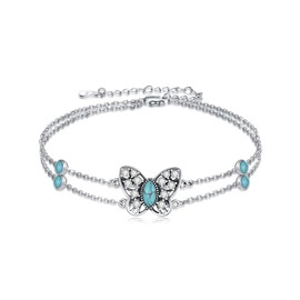 BETHZA Natural Turquoise Butterfly Bracelet 925 Sterling Silver Butterfly Adjustable Layered Foot Anklet Bracelet for Women Beach Summer Jewelry Gifts for Birthday