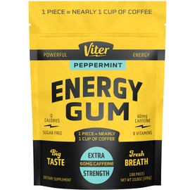 Viter Energy 60mg Caffeine Gum (Peppermint Flavor, 180 Pieces) - Sugar Free, Vitamin B3, B6, B9, B12, Zero Calories, Caffeinated Energy Chews, Nootropic Focus Supplement for Men & Women