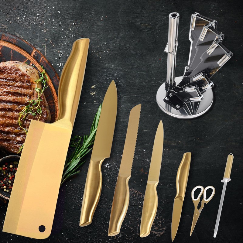 Gold Knife Set,8Pcs Gold Titanium-Coated Dishwasher Safe Stainless Steel Kitchen