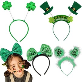 DWTECH 4 Pcs St. Patrick's Day Green Shamrocks Clovers Headbands Hat Accessories for Girls Women Saint Patrick's Party Favors Costume Irish Party Supplies Decorations