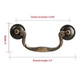 HOUSEHOOK Antique Brass Drop Bail Drawer Pulls 4 Pack, 3-5/8" Hole Center, Decorative Cabinet Handles with Rope Edge Design, Vintage Style Furniture Hardware for Dresser