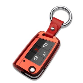 ZSPDACC Compatible with Volkswagen Foldable Key Fob Cover Red TPU Protector Case Car Key Chain Holder Compatible with VW Golf Jetta Atlas Tiguan e-Golf Accessories
