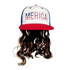 HandinHandCreations USA Mullet Hat Brown Wig Merica 4th of July All American Costume One Size Fits All - Premium Quality Flat Bill Patriotic Cap - Cotton Hat