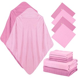 Preboun 6 Pcs Muslin Hooded Baby Towels and Washcloths 32"x 32" Cotton Newborn Bath Towel Infant Baby Blankets with Hood Absorbent 11"x 11" Muslin Washcloths for Girls Boys Toddler(Rose Red,Pink)