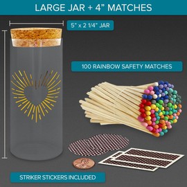 Decorative Matches in a Gold Heart Foil Glass Jar | 4" Rainbow Long Matches (100 Match Sticks)+ Cork Top Glass Holder + Striker Stickers | Gifts, Décor, & Candle Accessories by Thankful Greetings USA