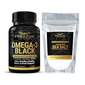 FREZZOR Omega 3 Black Green Lipped Mussel Oil, 53x Higher Potency for Superior Joint Comfort & Mobility, No Fishy Aftertaste, 1 Bottle, 60 Softgels Plus 1 Pouch of Flaky Sea Salt