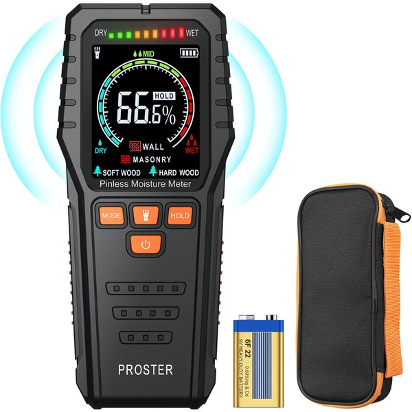 Proster Pinless Moisture Meters with Backlit LCD Screen Non-Invasive Moisture Meter Detects up to 3/4-Inch Below Surface for Non-Destructive Moisture Detection Wallboard Masonry Hardwood and Softwood
