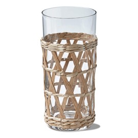tag Island Collection Clear Glass High Ball Glass Drinkware with Natural Cattail Braided Sleeve, 16 oz. 2.87inLx2.87inWx6.3inH Brown