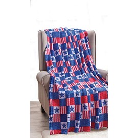Décor&More July 4th USA American Pride Collection Microplush Throw Blanket (50" x 60") - Patriotic Patchwork Blue, White and Red Throw