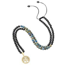 COAI Unisex 108 Mala Gemstone Necklace with Tree of Life Charm, Obsidian Obsidian azurite, Azurite