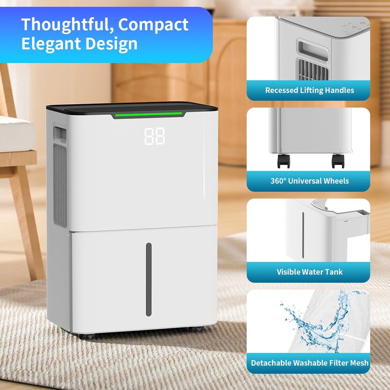 HXCOCKCROW Dehumidifier for Home Basement, 34 Pints Dehumidifiers with Drain