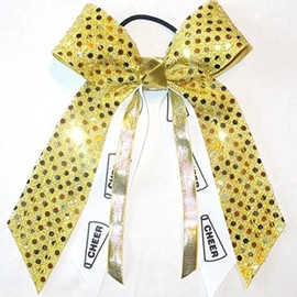 Cheerleading Soft Touch Sequin Hair Bow, Made in the USA, White Pony Band, (Metallic Gold)