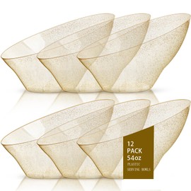 bUCLA 12 Pack Gold Glitter Plastic Serving Bowls - 54 OZ Angled Serving Bowls Disposable for Chip,Candy, Snack,Salad & Fruit - Ideal for Party & Wedding