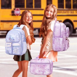 Wraifa Girls Backpack and Lunch Box Set - Sequin Backpack for Girls Elementary School Preschool Princess Kids Bookbag (Lunch Bag Set Purple)