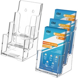 KTRIO Acrylic Brochure Holder 4 x 9 inches 2 Pack, 3 Tier Brochure Display Stand Plastic Pamphlet Magazine Holder Clear Flyer Holder, Literature Booklet Holder for Countertop or Wall Mount Use