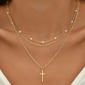ASCOMY Layered Necklaces for Women Dainty Gold Necklace 14K Gold Plated Pearl Necklace O Chain Necklace Cross Pendant Chain Necklace Simple Gold Necklaces for Women Girls Everyday Gold Jewelry Gift