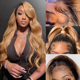Honey Blonde Lace Front Wigs Human Hair 13x6 Ombre HD Transparent Lace Frontal Wig Human Hair for Women 12A Body Wave Lace Front Wigs Human Hair Pre Plucked with Baby Hair