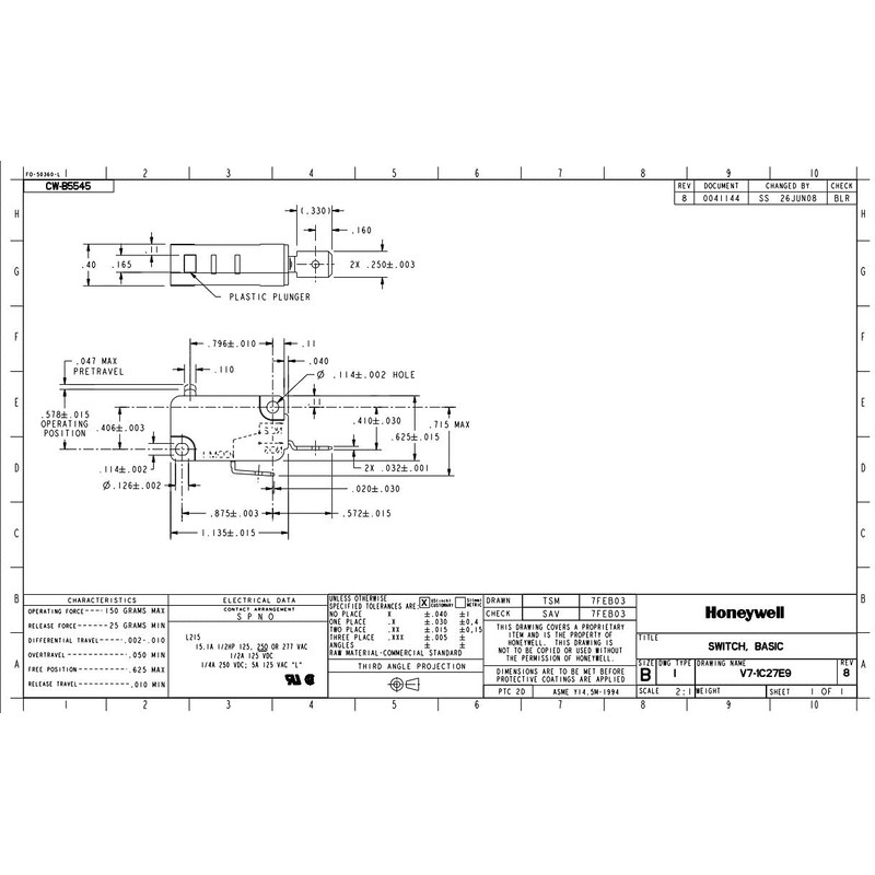 HONEYWELL S&C V7-1C27E9 MICRO SW, PIN PLUNGER, SPST-NO, 15A 277V