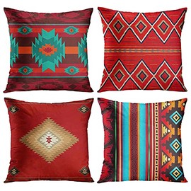 ArtSocket Set of 4 Throw Pillow Covers South Southwest Western Tribal Red Native Home Cultural Geometric Hue Country Decorative Pillow Cases Home Decor Square 24x24 Inches Pillowcases