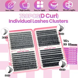 Qiveaory DIY Wimpern Extensions Kit 720Pcs D Curl Wimpern Cluster 1X/2X Vergrößerung LED Kompaktspiegel Wimpernkleber und Sealer,Entferner for Lashes,Pinzette Pinsel Applicator(10-18mm,30-60D)
