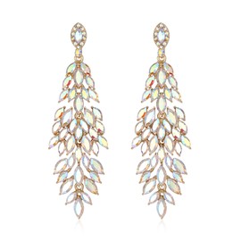 Flyonce Bridal Wedding Earrings for Brides Bridesmaid, Marquise Crystal Rhinestone Drop Dangle Chandelier for Women Prom Pageant Iridescent Clear AB Gold-Tone