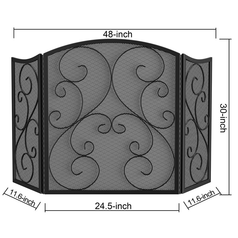 Fire Beauty Fireplace Screen 3 Panel Wrought Iron Metal 48"(L)