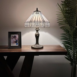 enjoy decor lamps Tiffany Table Lamp White Stained Glass Hexagon LED Bulb Included for Living Room Bedroom Bedside 12'W*12" D*19" H
