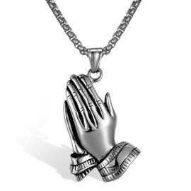 JewelryWe Men's Stainless Steel Christian Praying Hands Pendant Hands of Apostle Necklace Silver,with 22 Inches Chain