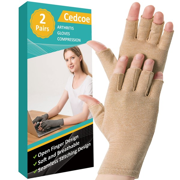 2 Pairs Arthritis Compression Gloves for Relieve Rheumatoid Arthritis, Osteoarthritis, Carpal Tunnel, Joint Pain, Open Fingerless Gloves, Fit for Women and Men to Daily Work and Computer Typing (Coffee, Large)