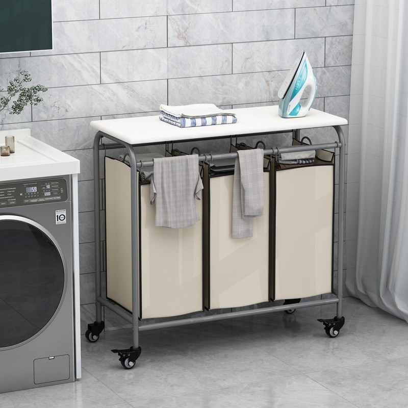LINZINAR 3 Bag Laundry Basket Sorter Heavy Duty Rolling Lockable
