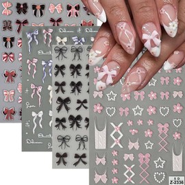 4 Sheets Bow Nail Art Stickers 5D Embossed Floral Bow Nail Decals Black Pink Bow Star Heart Nail Art Design Cute Bow Nail Art Supplies for Women Manicure DIY Acrylic Nails Decorations Accessories
