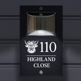 Custom Signs Solar Illuminated Modern Anthracite House Number Sign 24cm x 14.5cm Highland Cow Design