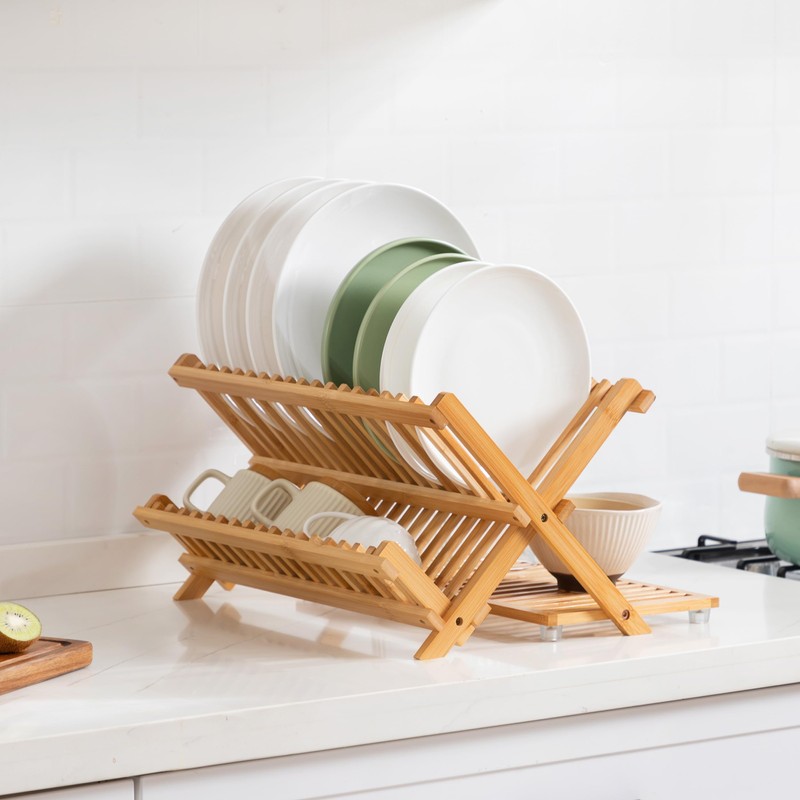 Oyydecor Bamboo Dish Drying Rack with Utensil Holder, 3 Tier