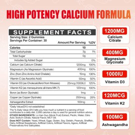 Calcium Magnesium Zinc Gummies with Vitamin D3 for Adults, Calcium Citrate 1200mg with K2, Boron, Copper and Ashwagandha, Absorption Calcium Supplement for Bone, Muscle, Immune for Men Women, 120Count