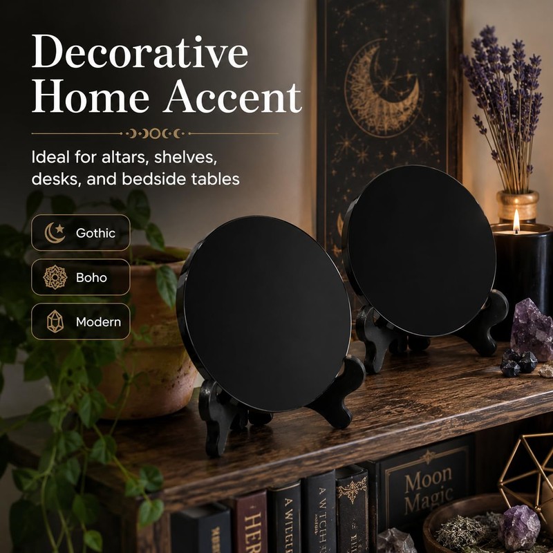 2 Pcs Black Obsidian Scrying Mirrors with Stands, 3.9 in