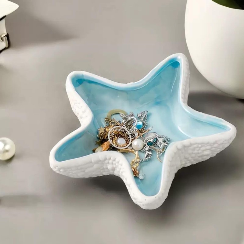 2 Pack Ceramic Jewelry Tray Starfish Conch Shape Aqua Shell