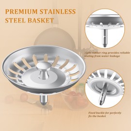 LOONGSHINET 3-1/2 Kitchen Sink Drain, Kitchen Sink Drain Assembly with Sink Strainer Basket and Drain Stopper, Stainless Steel Sink Drain Kit for Standard Kitchen Sinks