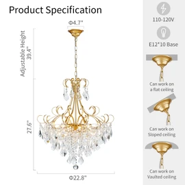 WUZUPS Crystal Chandelier 10-Light Pendant Ceiling Light Modern Lighting Fixture for Dining Room Hallway Bedroom Kitchen Bathroom, H 27.6" x W 22.8", E12 Base, Gold