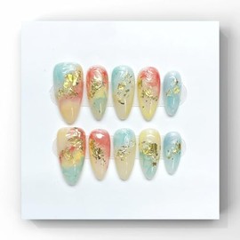 Wsliana Handmade Press On Nails - Almond Shape with Ombre Color and Gold Glitter, 10pcs Glue On Acrylic Fake Nails with Storage Box | Stylish & Long-Lasting Nail Kit (058 M)