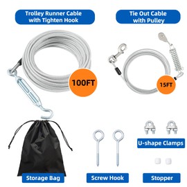 LUFFWELL 100FT Dog Runner for Yard with 15FT Tie Out Cable - Heavy Duty Trolley System for Large Dogs Up to 250LBS, Backyard/Park/Camping Use (Silver, 100FT+15FT)