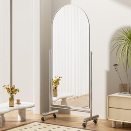 Large Arched Full Length Mirror on Wheels, Rolling Floor 65" x 23" With Stainless Steel Frame and Stand, Mobile Tilting Swivel Modern Dressing Body Mirror, Home Decor, Silver
